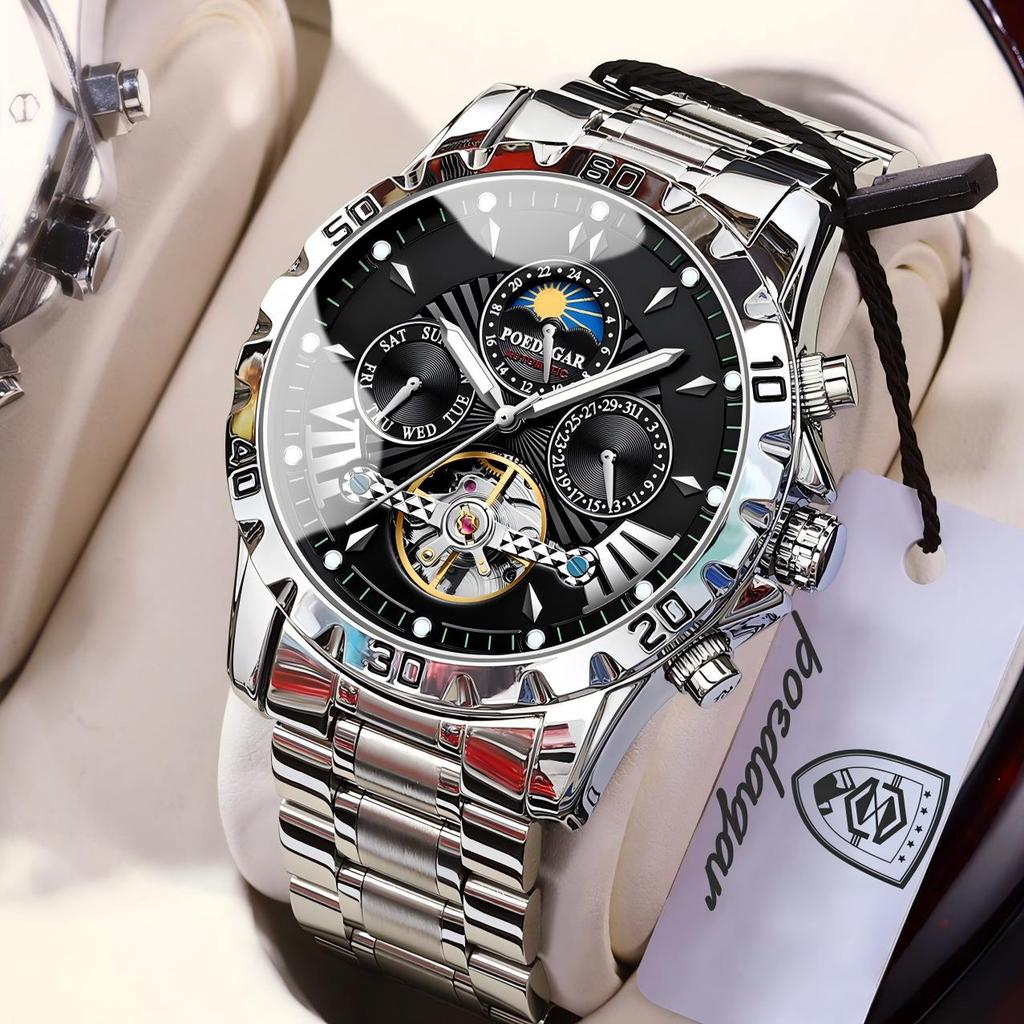 POEDAGAR Luxury Men Watch Luminous Waterproof Hollow Tourbillon Male Clock Week Date Business Automatic Mechanical Watches