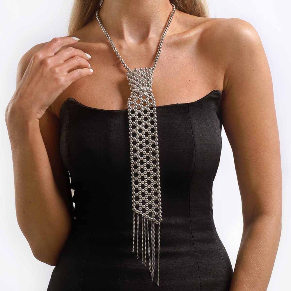 Minimalist Pearl Tie Woven Beads Necktie Long Necklace Tassel Necklace  Women