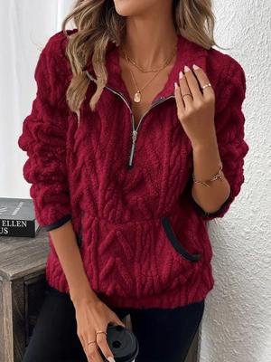 Damen Kuscheliges Fleece Zip-Up Sweatshirt mit Großen Taschen Langarm, Lässiger Herbst/Winter Pullover, Sweatshirt mit Reißverschluss, Sweatshirt Damen