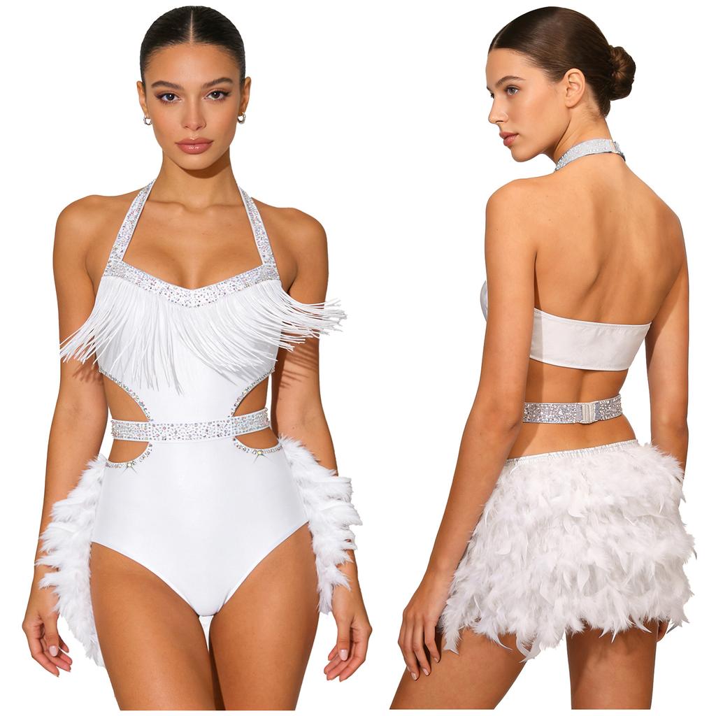 Damen Funkelnde Strass Tanz Bodysuit Kunstfeder Akzente Neckholder Rückenfrei Ärmellos Leotard Latein Kostüm