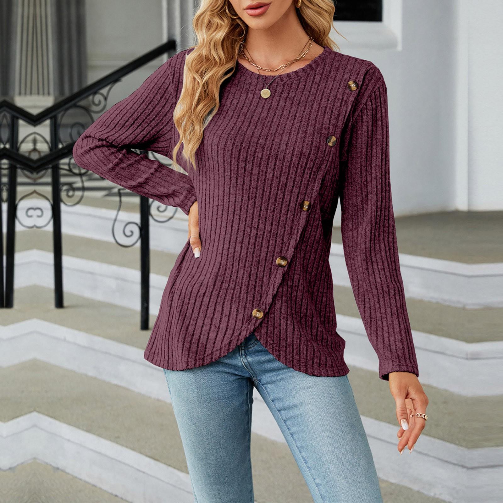 

Женская мода сексуальный круглый вырез с длинным рукавом и пуговицами подол разделенный топ XXL винный