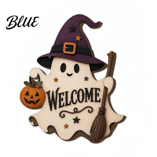 Rustic Wood Sign Halloween Ghost Welcome Door Hanger, Cute Wooden with Witch Hat & Pumpkin Hanger Elements, Fall Indoor Outdoor Wall Decor for Holiday