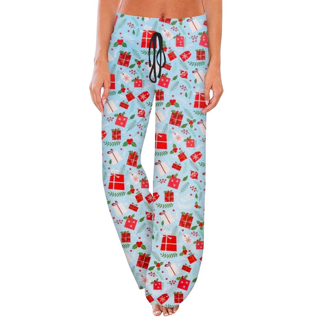 Women's Casual Fashion Comfort Pajama Pants Christmas Print Drawstring Wide Leg Pants
