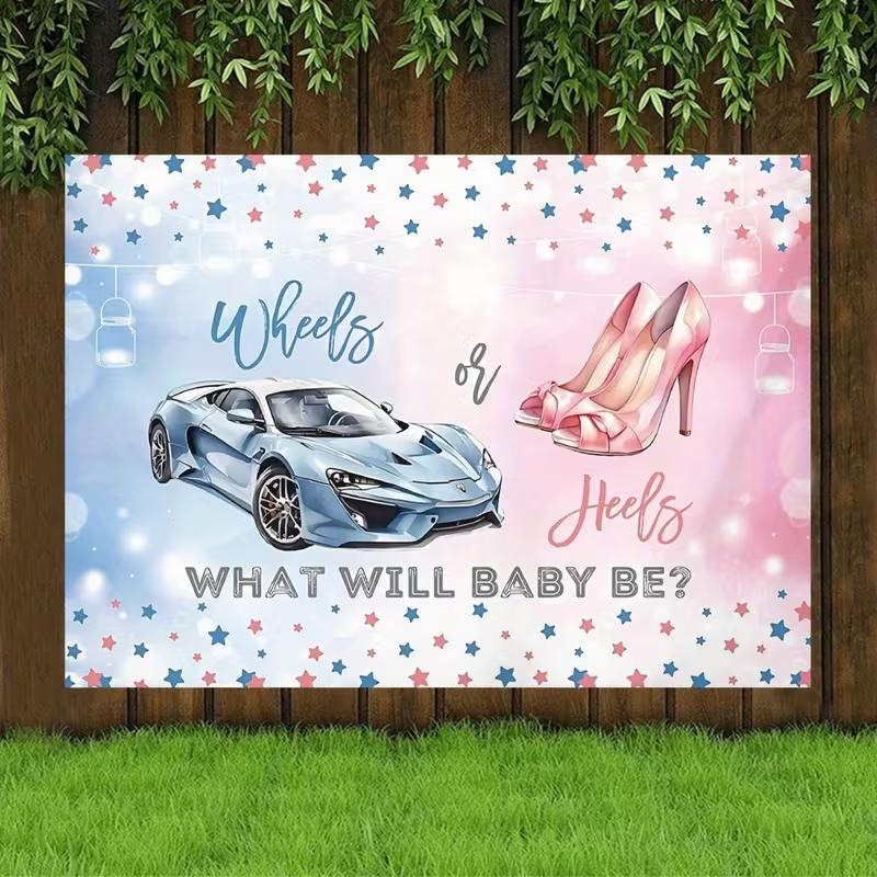2D Wheels or Heels Baby Shower Tapestry, Boy or Girl Gender Reveal Background 47.2x31.5inch/120*80cm