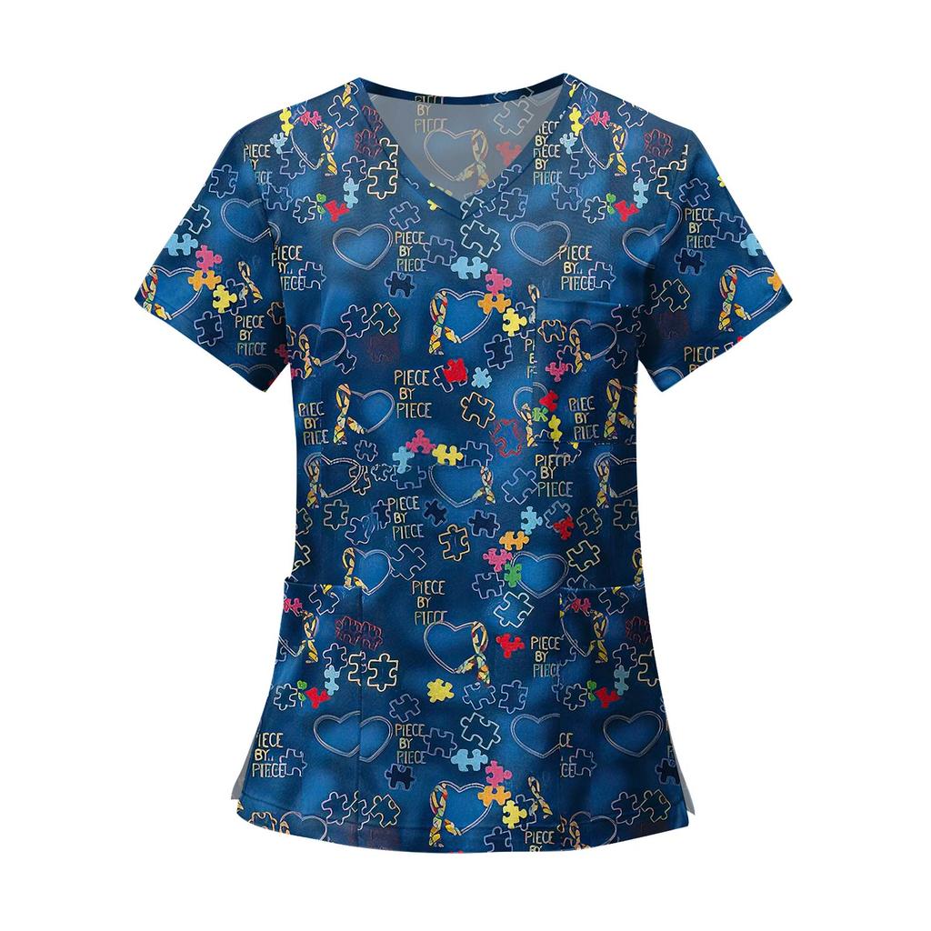 Women's Fashion Printed Short Sleeve V Neck Pattern Tops Pocket Working T-shirts
