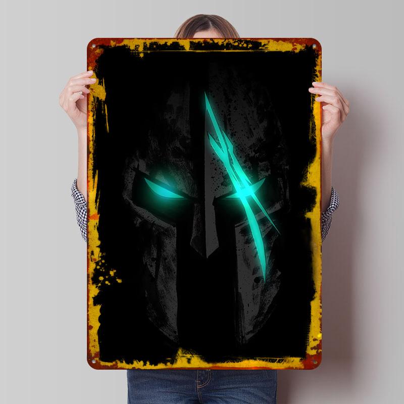 

Spartan Helmet With Glowing Eyes Tin Plaque Poster Customized Wall Art Retro Vintage Metal Signs for Man Cave Coffee Bar Decor 7.9x11.8In(20x30cm)