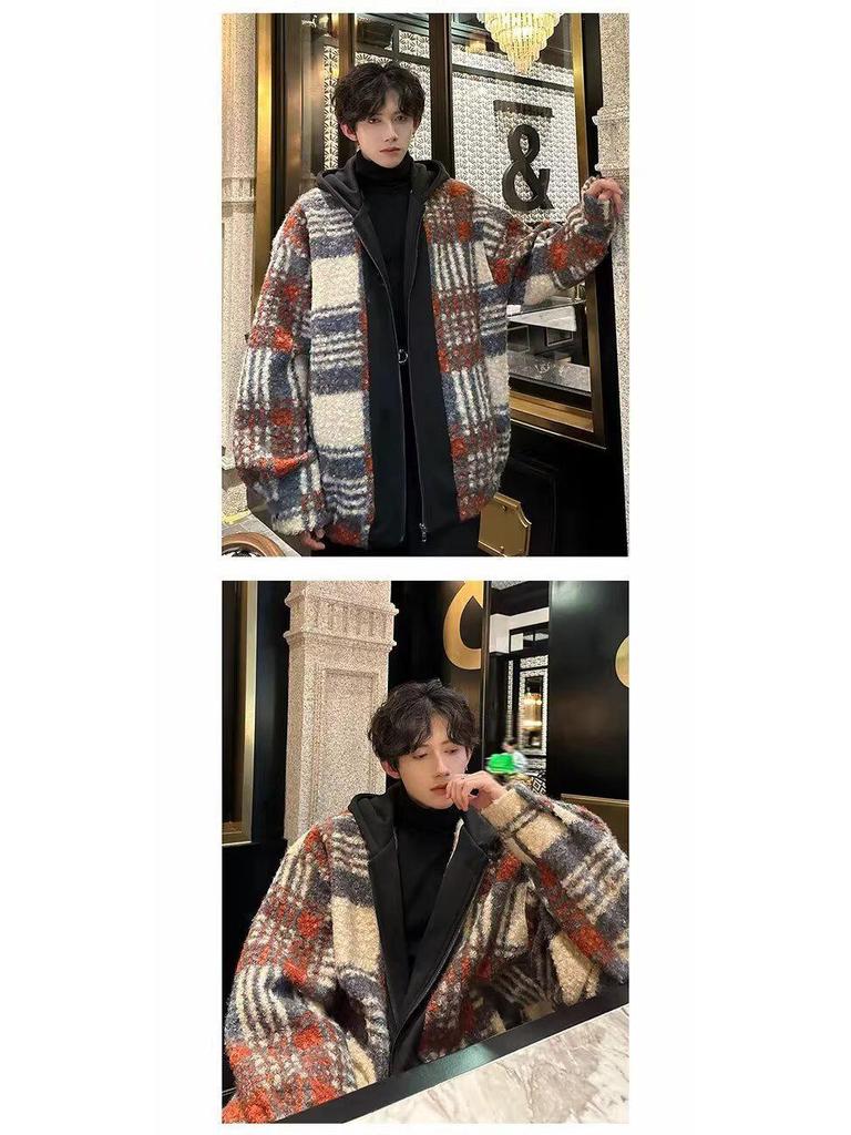 Men's Retro Plaid Patchwork Wool Hooded Jacket - Double-Sided, Thickened Outerwear for Autumn/Winter