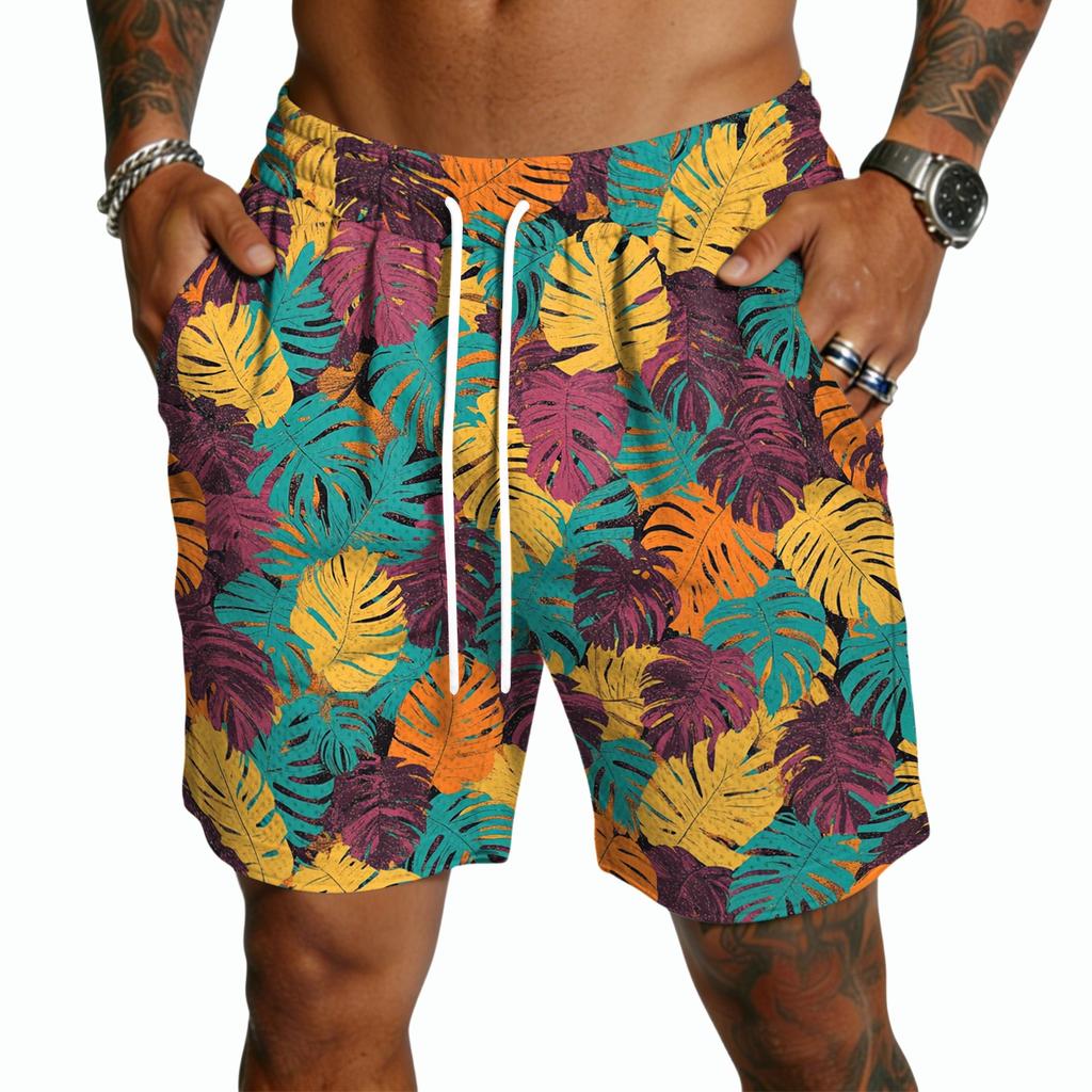 Men's Casual Lightweight Quick Dry Drawstring Shorts with Tropical Leaf Print Five Inch Inseam Beachwear Swim Trunks