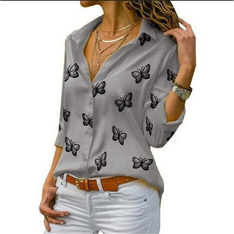 Multicolor Butterfly Print Loose Lapel Shirt Women