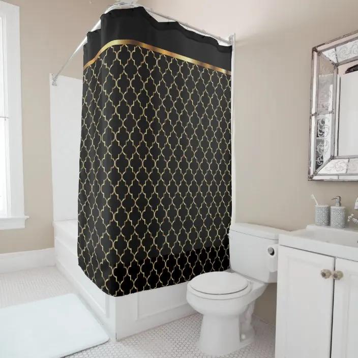 Elegant Black and Gold Leaf Seamless Pattern Chevron Striped Shower Curtain Bathroom Curtain with Hook Bathroom Curtains L220cm