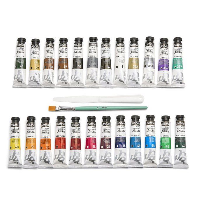 Pebeo - Peintures Acryliques - Studio acrylics - set 24 tubes 20 ml couleurs assorties + accessoires