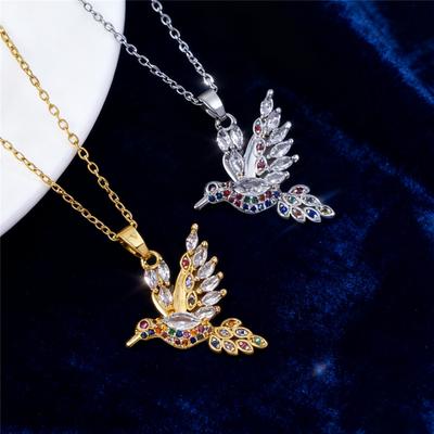 Cute Female Bird Animal Rainbow Zircon Stone Pendant Necklace Vintage Silver Color Wedding  For Women