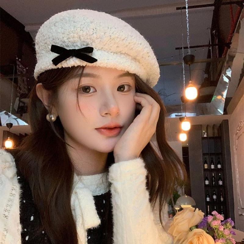 Bow Beret Women's Autumn and Winter New Versatile Hat Big Head Circumference Shows the Face Small Painter Hat Tide
