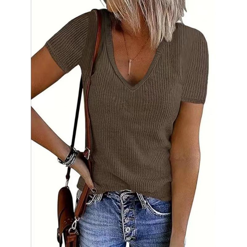

Женские футболки с резьбой в рубчик, облегающие, с длинным рукавом, сексуальным V-образным вырезом XXL темно-коричневого