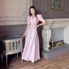 2025 Summer Satin High-Waisted Evening Dress with Slit & Puff Sleeves