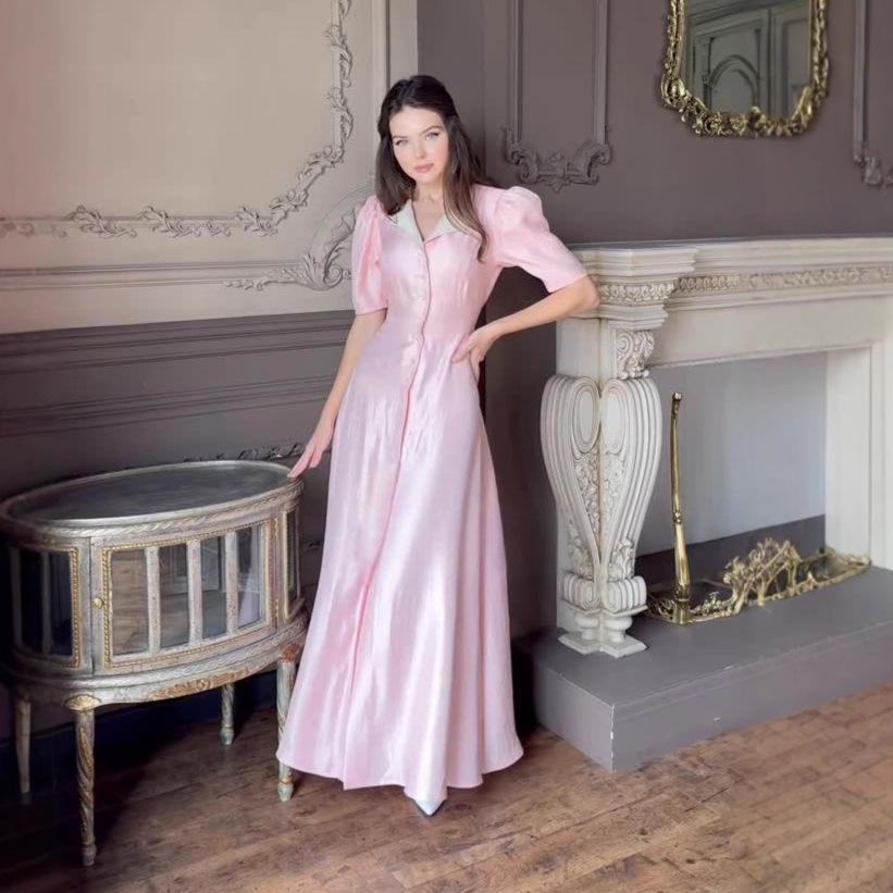 2025 Summer Satin High-Waisted Evening Dress with Slit & Puff Sleeves