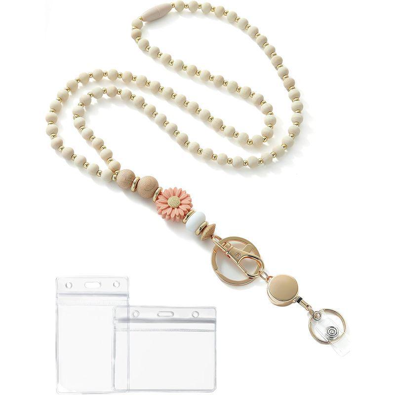 Wooden Beaded Retractable Keyring & ID Card Lanyard