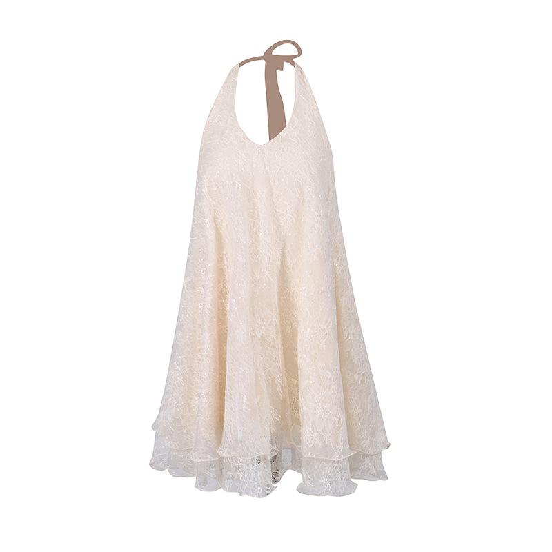 Elegant and sophisticated lace embroidered halter loose wide hem backless short dress, new summer women's dress