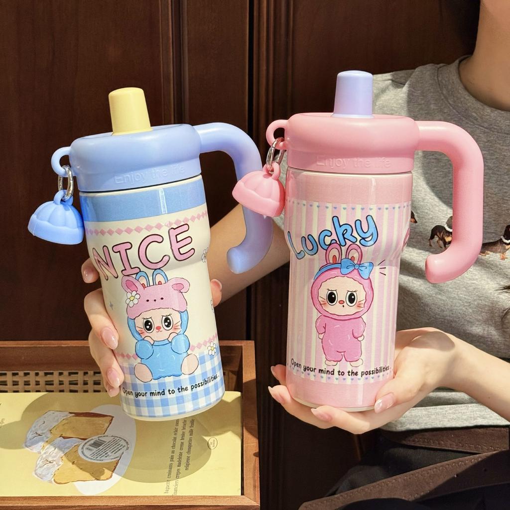 Cartoon Handle Straw Cup Stainless Steel Vacuum Thermos Cup Household Water Cup Office Desktop Cup Gift Cup