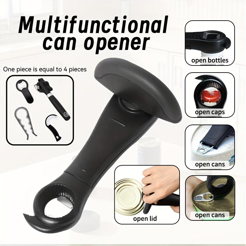 4 in 1 Stainless Steel Manual Can Opener with Removable Non Slip Handle , Portable, Safe , Smooth Cutting for Cans, Lids, Bottle Caps , Beer Caps