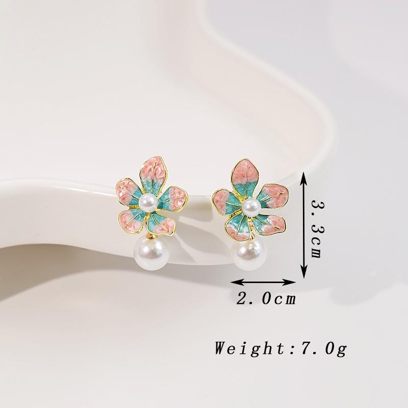 

Pink Enamel Big Flower Drop Earrings Women White Imitation Pearl Dangle Earrings Wedding Party Contrast Color Elegant Zircon