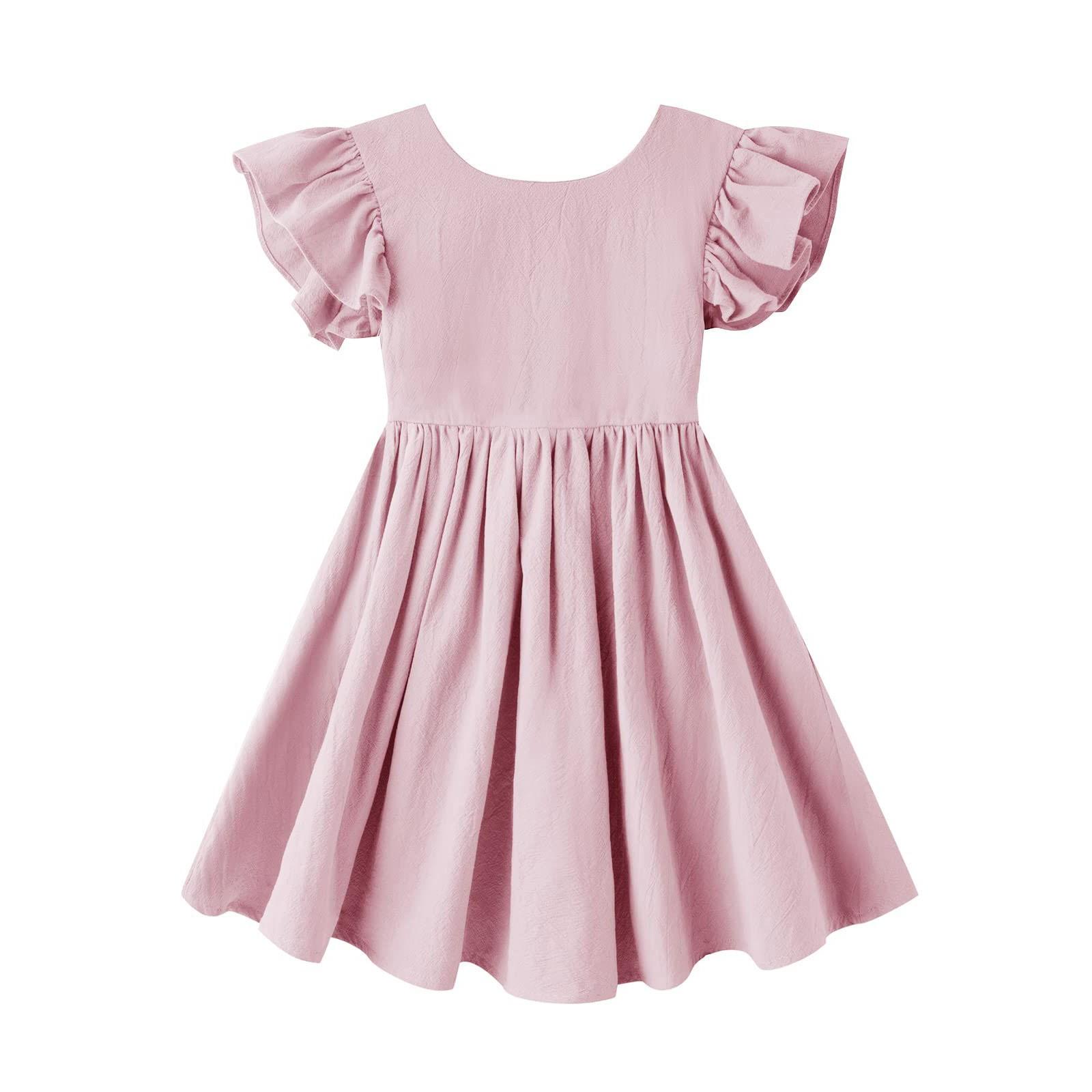 

Summer Kids Dress Girl Solid Color Bow Princess Puffy Dress 80 рожевий