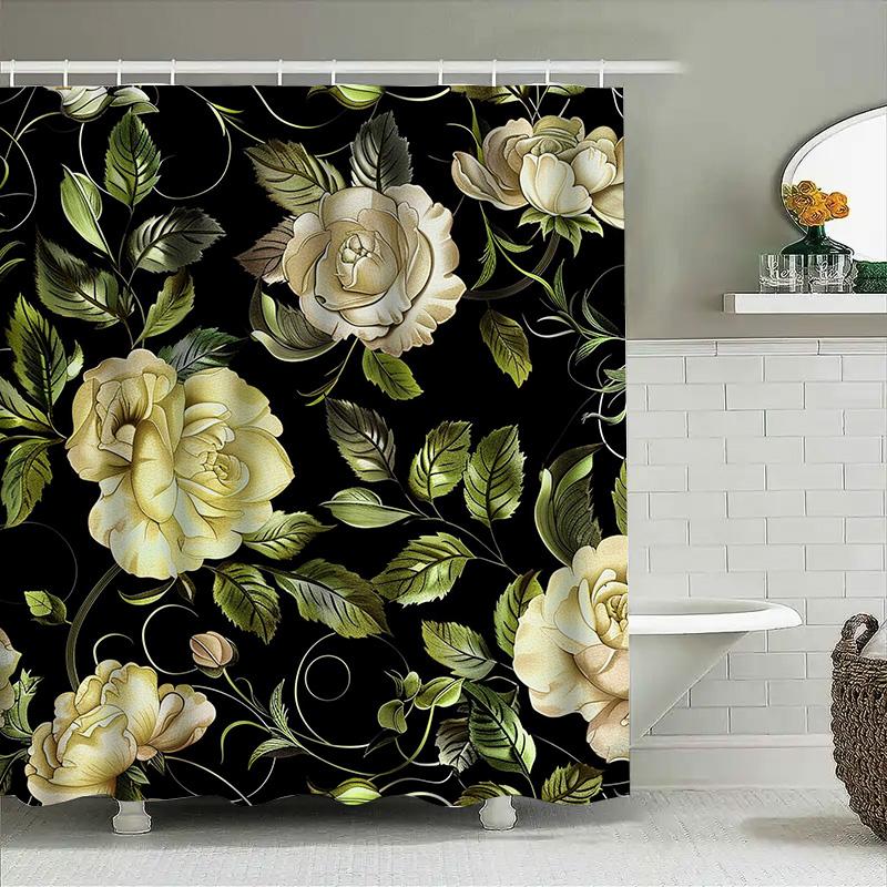 Luxury Floral Shower Curtain Bath Mat Decor Home Textile Waterproof Printing Bathroom Wall Hanging Decoration White Rose Design