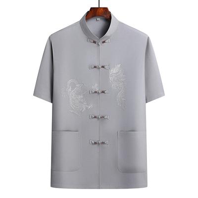 Men's Summer Chinese Style Dragon Embroidered Cardigan Large Size Casual Short Sleeve Top
