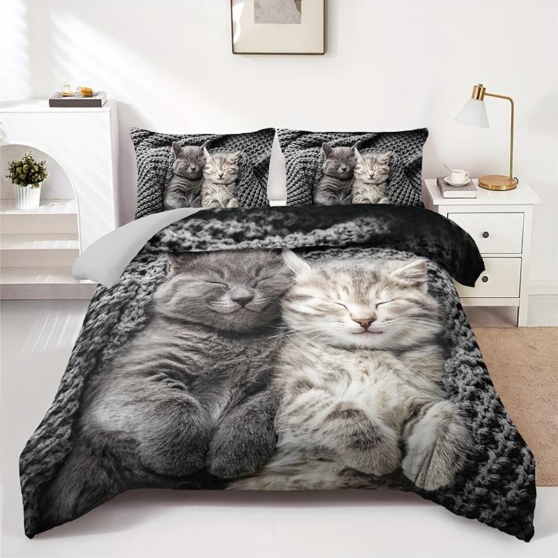 

Cute Cat Print Duvet Cover Set - Soft Breathable Polyester Bedding For All Seasons Includes 1 Duvet Cover 2 Pillowcases 135X200cm