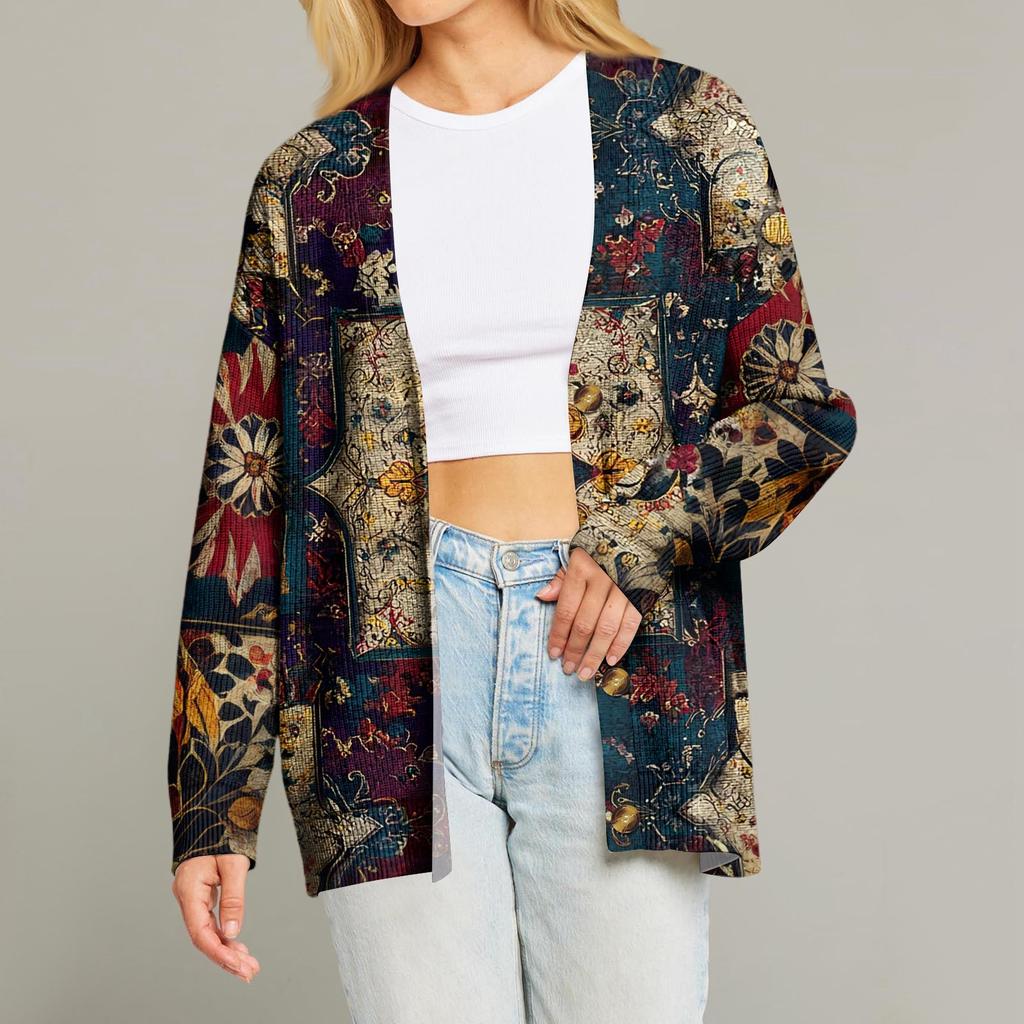 Women's Fashion Long Sleeve Print V-Neck Button Loose Cardigan Top