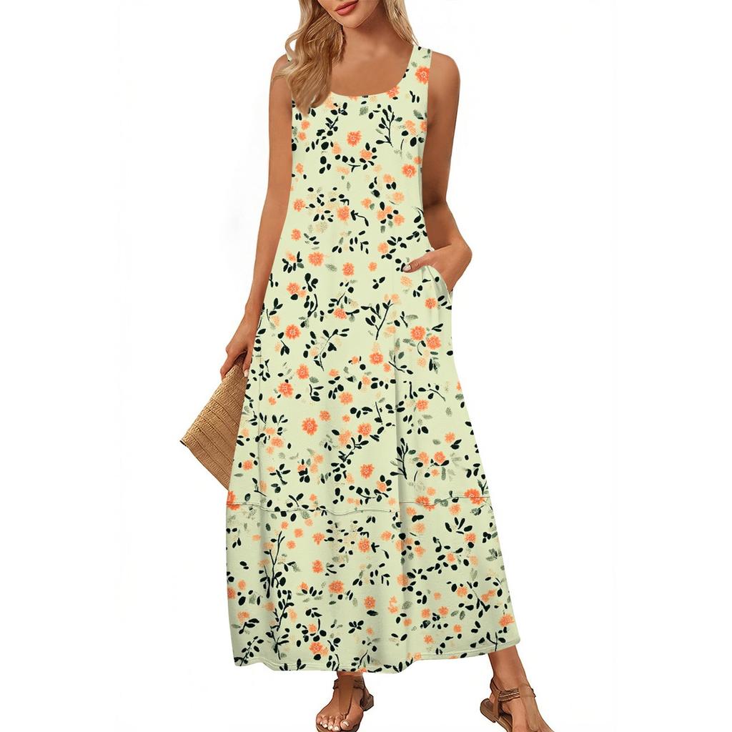 Women's Casual Floor-length Sundress Summer Beach Dress Round Neck Sleeveless Loose  Print Sundress