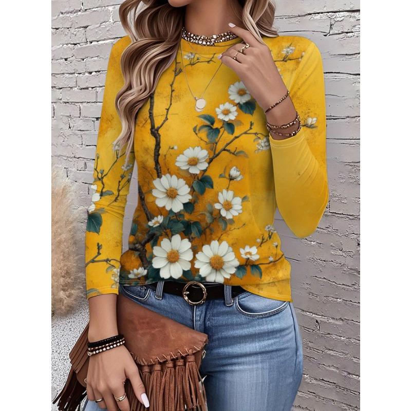 2026 New Women's Fashionable Long-Sleeved T-Shirt with Fresh Floral Pattern, Perfect for Everyday Wear and Stylish Outfits