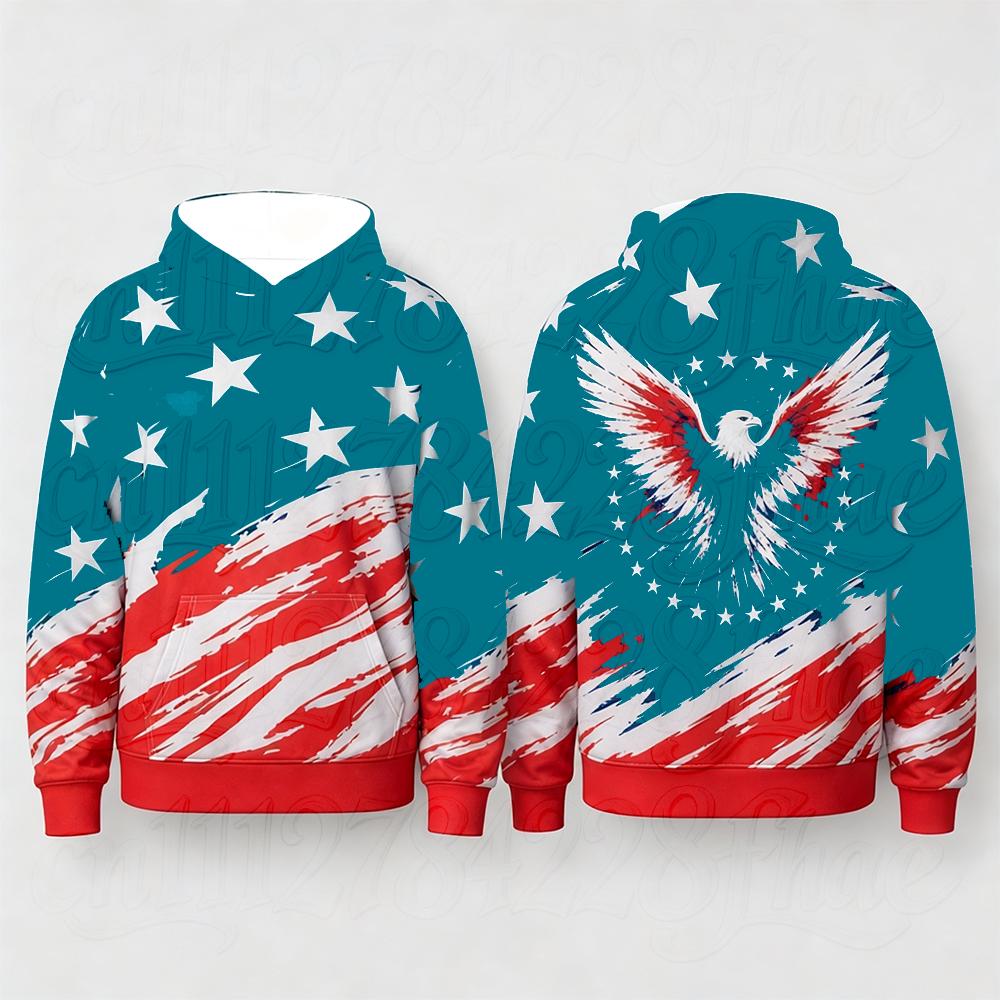 Patriotic US Flag Eagle Star Print Parent-Child Long Sleeve Hoodie Casual Independence Day 4th of July Sweatshirt Tops Streetwea