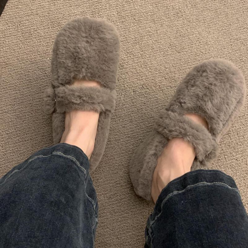 Winter Flats Women Shallow Loafers Shoes Designer Short Plush Buckle Casual Shoes 2025 Trend Walking Warm Cozy Chaussures Femme