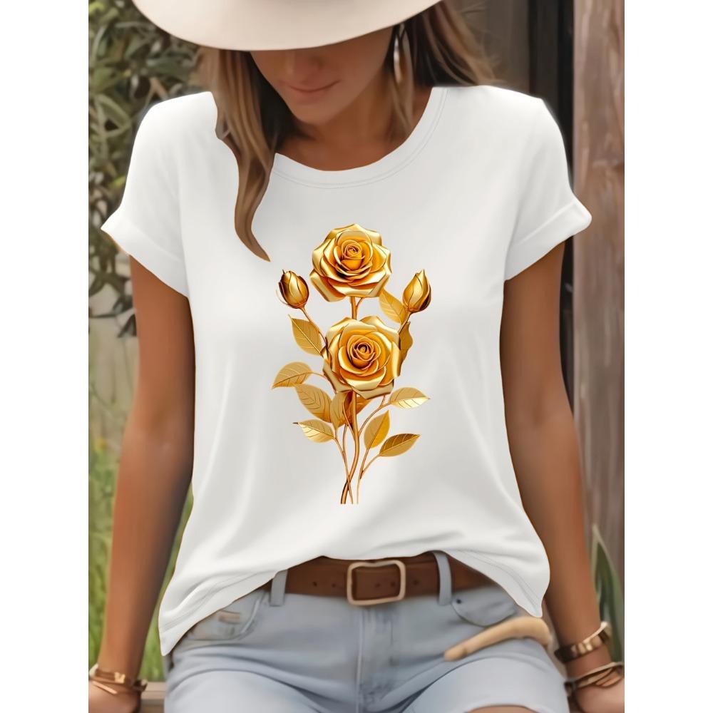 Fashion Women Rose Printed T-Shirt O-Neck Short Sleeve T-Shirt Simple Design Versatile Daily Wear Elegant Style Women Clothing