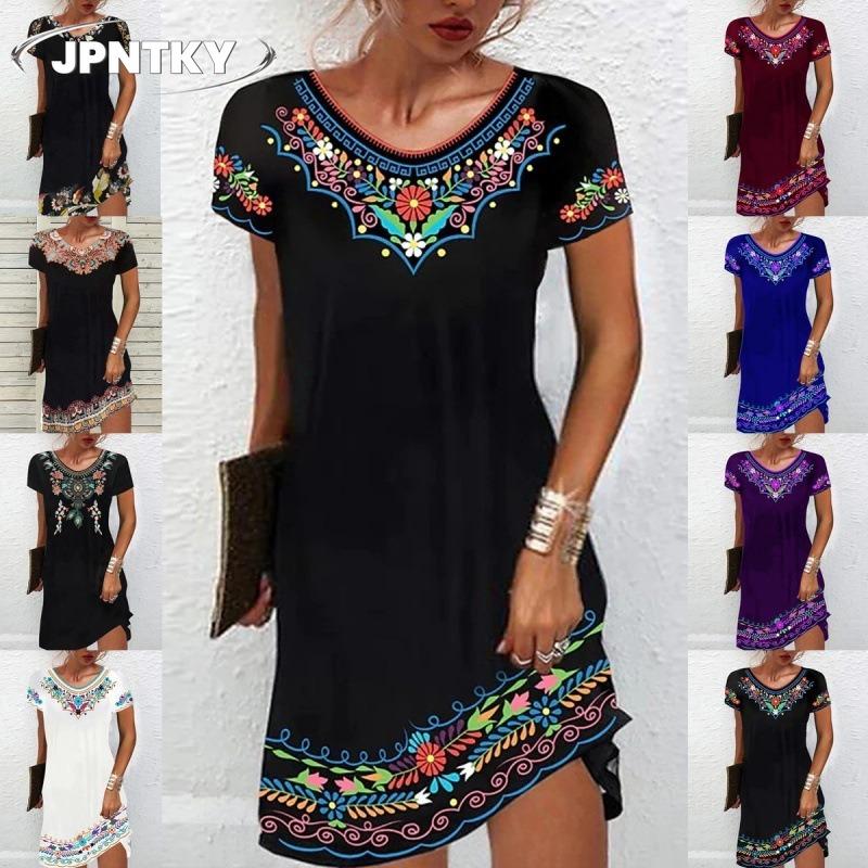 JPNTKY Fashion Summer Spring Short Sleeve V-Neck Casual Dresses