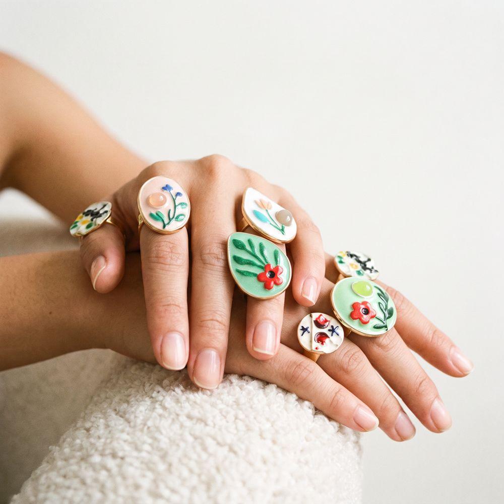 French Enamel Flower Ring Ethnic Style Glazed Ring Unique Vintage Ring Fashion
