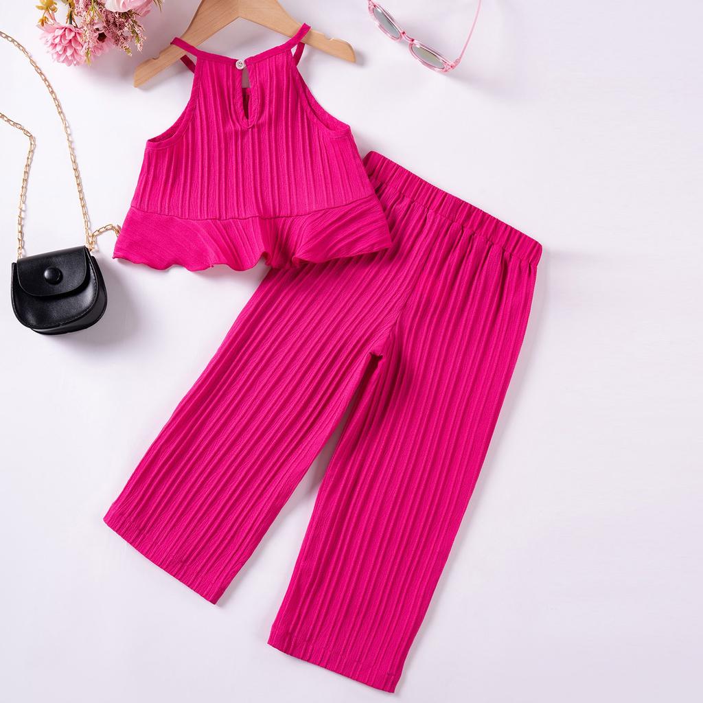 Summer Children Cute Flounder Hem Suspender + Broad LEG Trousers GIRL Casual Top