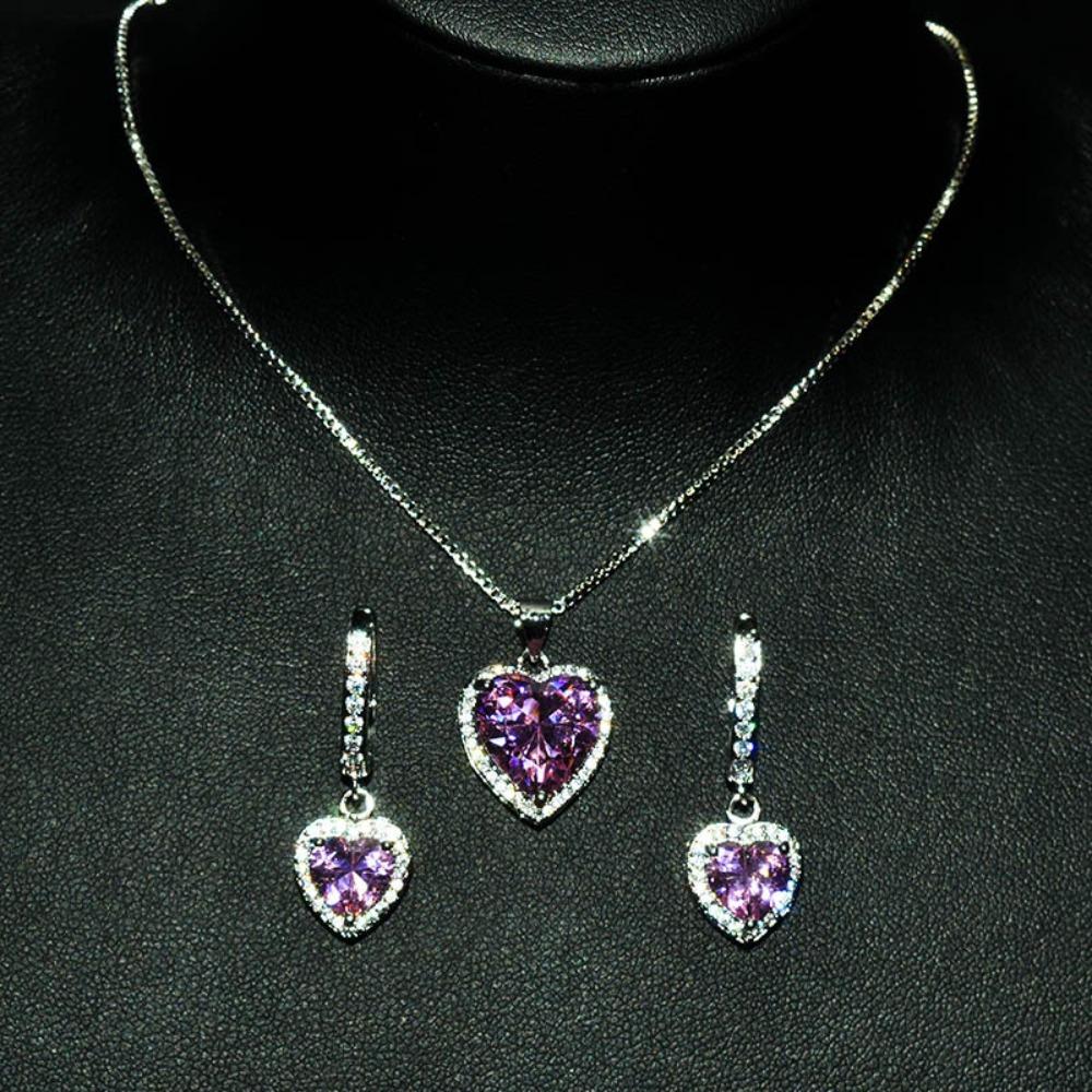 Luxury Women Jewelry Set Heart Pink Diamond Pendant Full Diamond Pink Crystal Open Ring Earrings