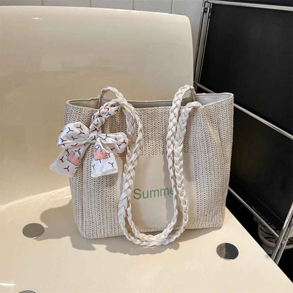 Solid Color Beach Shoulder Bag Balletcore Women Handbag Fashion Straw Woven Tote Bag  Ladies