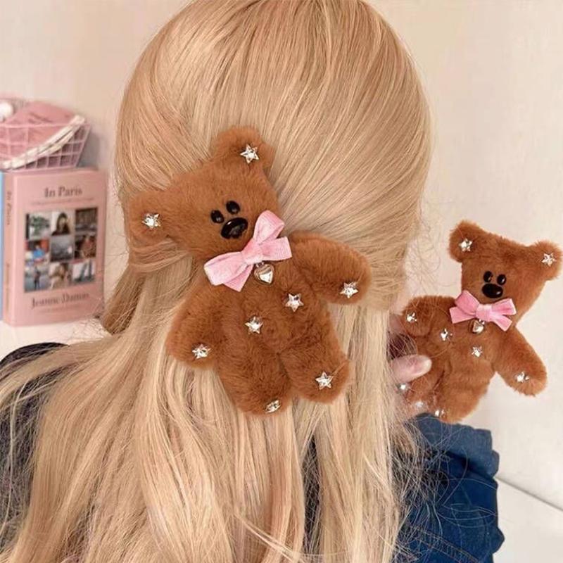 Cute Soft Plush Bow Tie Bear Hairpin For Women Decoration Creative Barrettes Girl Bangs Cartoon Bb Clip Hair Accessories