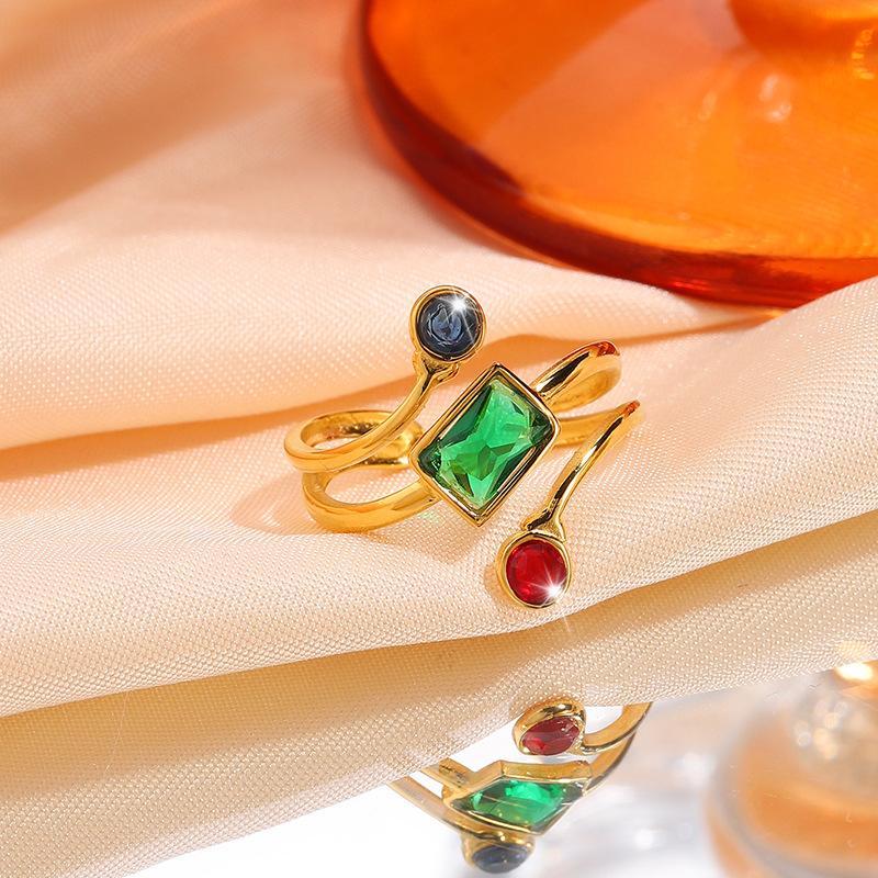 Personalized Design Open Stainless Steel Ring Female Color Zircon Couple Pair Ring Sugar Cube Ring Does Not Fade