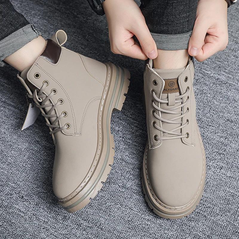 Men's Leather Shoes High Top Boots Fashionable Motorcycle Shoes Ankle Boots Winter Boots Men's Hiking Shoes Lace Up Botas Hombre