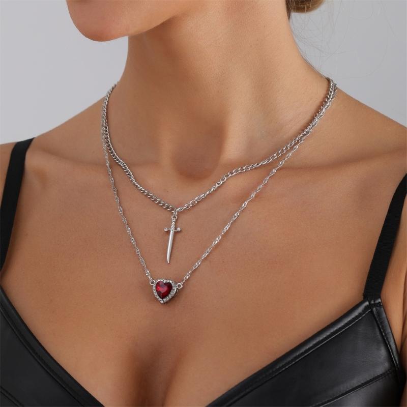 Edgy Dark Feminine Expression Adjustable Length Alloy Necklace Neckchain Featuring Edged Heart Detail for Concerts