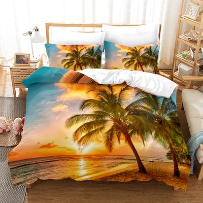 Tropikalny Krajobraz Poliestrowe Zestawy Poszewek na Kołdrę King Full Z Poszewką na Poduszkę Drzewa Kokosowe Morze Zachód Słońca Naturalny Widok Duży Wzór Słońca