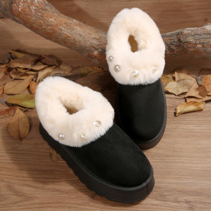 Non Slip Thick Bottom Furry Snow Boots Women 2025 Winter Chunky Platform Wedge Heel Plush Ankle Boots Fluffy Fur Pearl Shoes