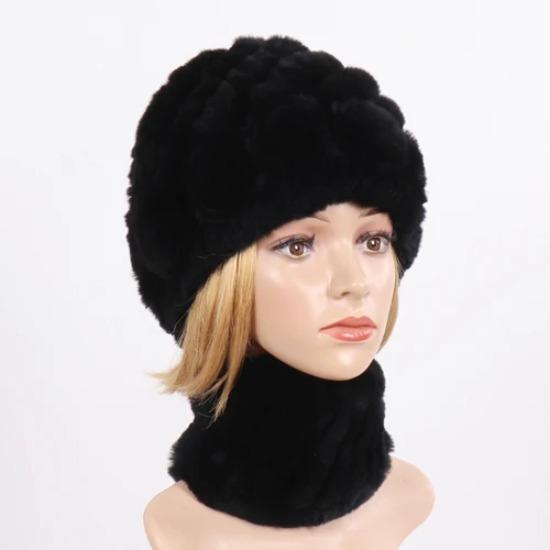 New Good Elastic Lady Winter Rex Rabbit Fur Hats Scarves Knitted Women Natural Fur Caps Scarves Sets 2 Pieces Hats Mufflers