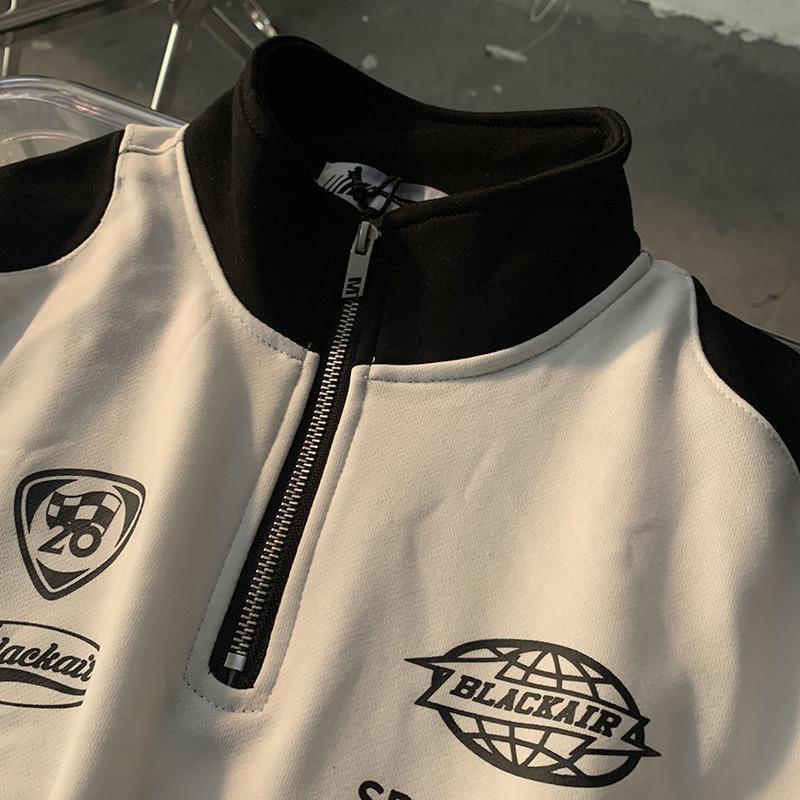 Vintage Street Letter Print Sweatshirt American Stitching Stand Collar Hoodies Men Women Long Sleeve Hip-hop Sports Top
