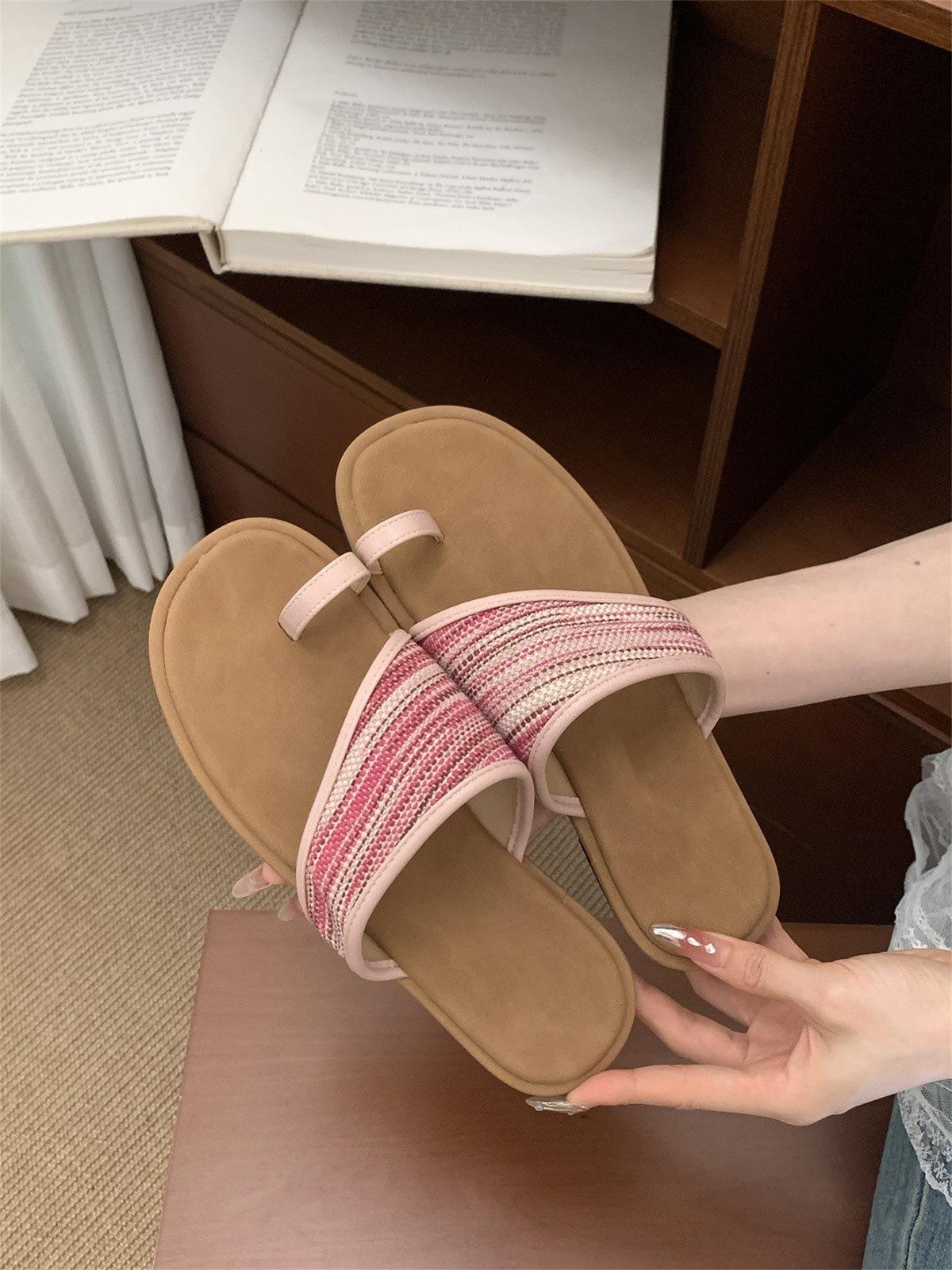 

Woven cool slippers fairy shoes outer wear 2025 summer flat-bottomed vacation beach shoe cover toe sandals 35