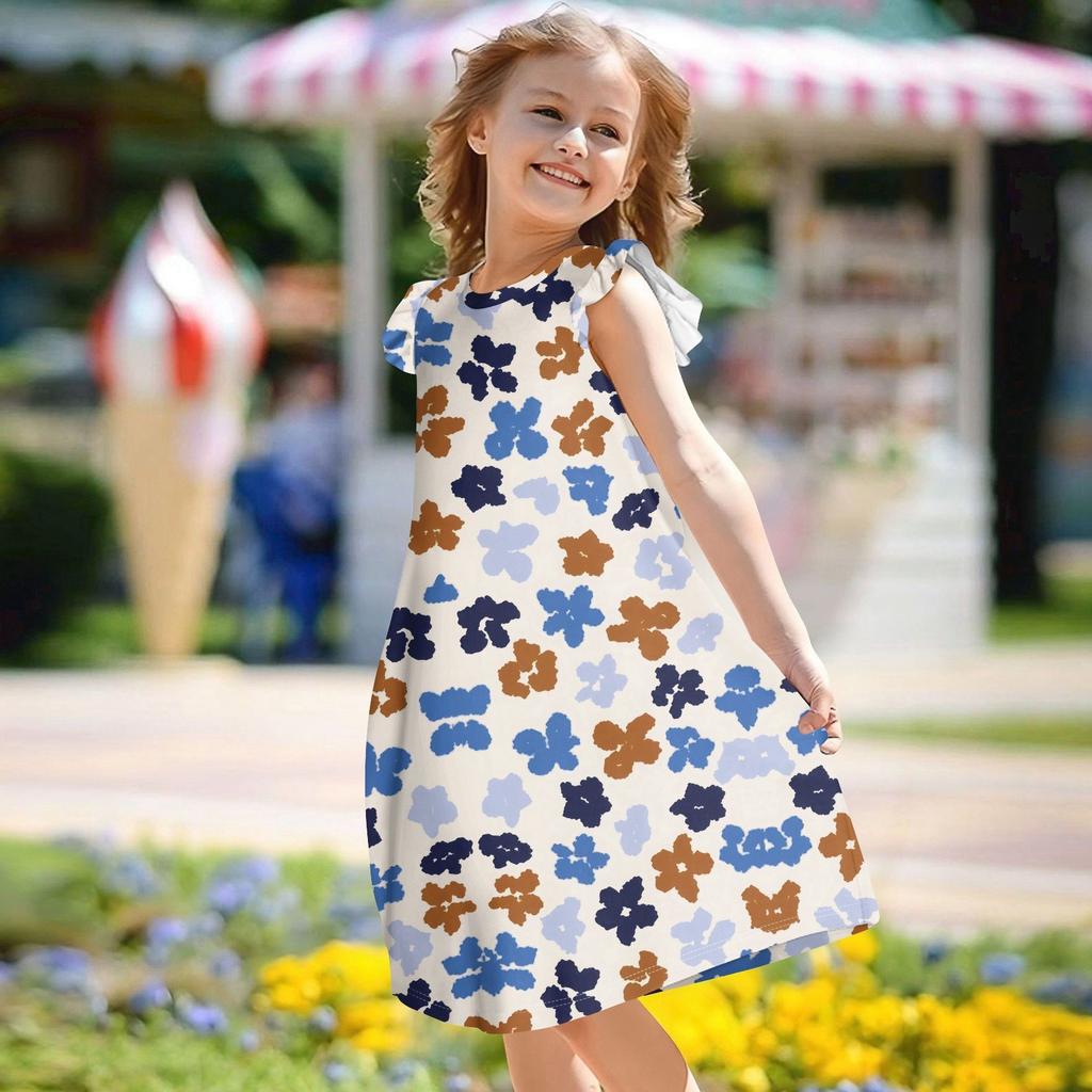 Children's Flying Sleeve Round Neck Summer A-Line Casual Holiday Floral Print Loose Dress